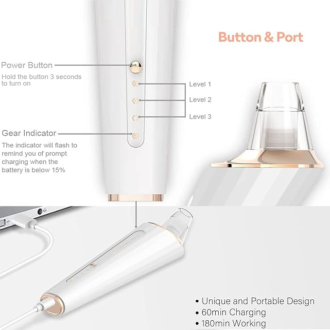 Blackhead Remover Pore Vacuum, Upgraded USB Rechargeable Facial Pore Cleaner Blackhead Removal Kit with 3 Suction Power,5 Probes Black Head Extractions Tool for Women & Men