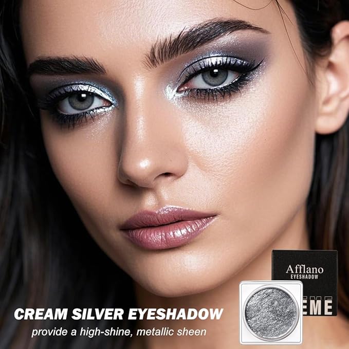 Silver Eyeshadow Single Cream Shimmer, Silver Glitter Eyeshadow Long Lasting Silky Smooth Texture, Blendable Neutral Metallic Highlighter Eye Makeup for All Skin, Travel Friendly, Cruelty-Free, 05#