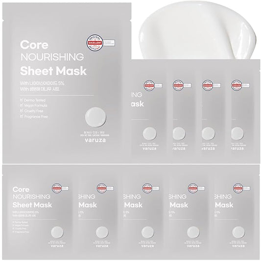 Core Nourishing Sheet Masks with Niacinamide Serum 5% for Dry Skin Tranexamic Acid, Rice Face Mask for Glass Skin Care, Moisturizing Glowing & Anti-Aging, Cruelty Free, Fragrance Free 10 Count