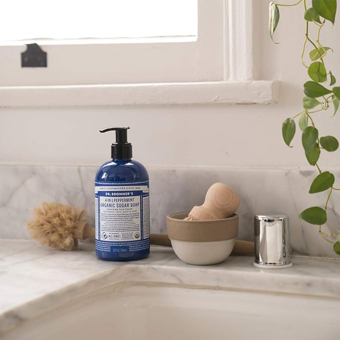 Dr. Bronner's - Organic Sugar Soap (Peppermint, 12 oz) - Made with Organic Oils, Sugar & Shikakai Powder, 4-in-1 Uses: Hands, Body, Face & Hair, Cleanses, Moisturizes & Nourishes, Vegan, Non-GMO