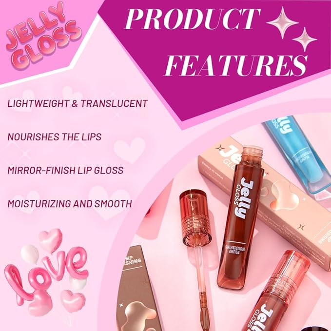 Jelly Lip Gloss, Soft Lip Tint, Instantly creates a Sheer Glass-like Shine, Cool Blue Red Rose Mocha Bean Chocolate Brown Colors, Smoothing, Moisturizing, Plump and Hydrated (B03)