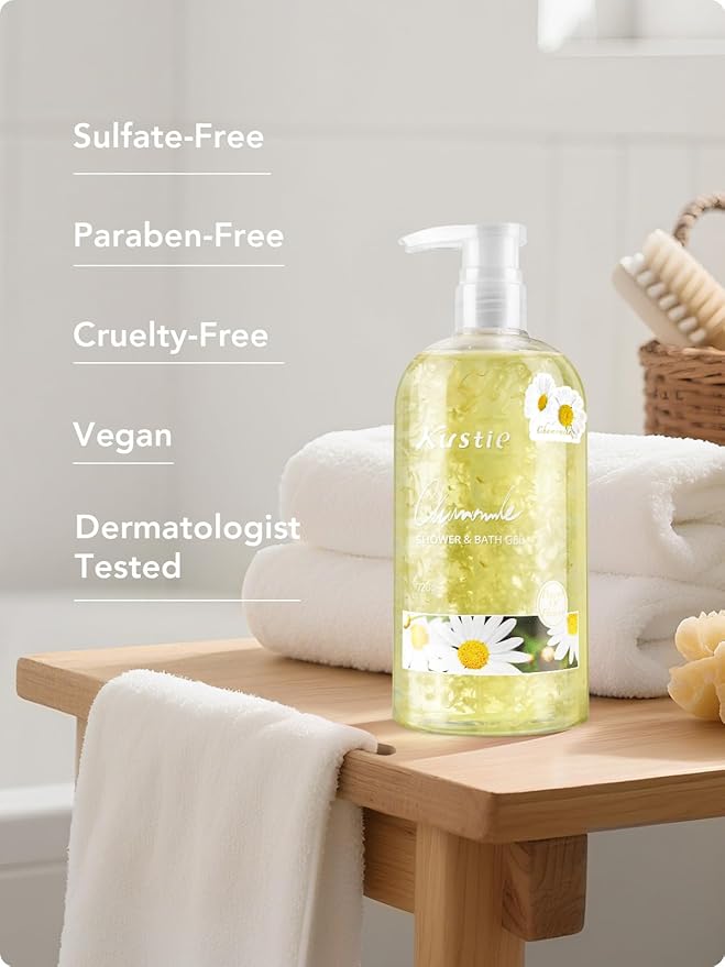 Kustie Chamomile Petal Body Wash with 972 Real Petals Floating in Clear Gel – Calendula & Amino Acids – Vegan, Sulfate-Free, Soothes & Moisturizes Sensitive Skin – 24H Floral Scent, 24.3 fl oz