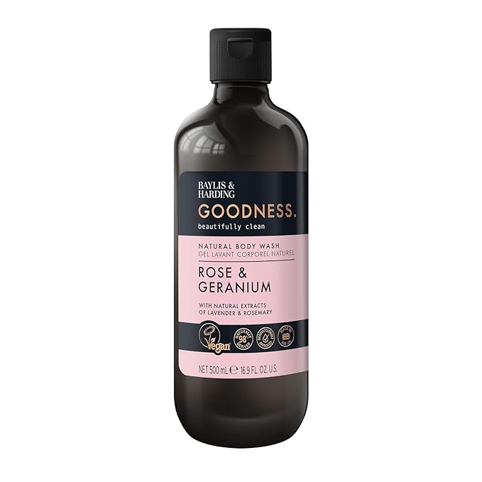 Baylis & Harding Goodness Rose & Geranium Natural Body Wash 16.9 fl. oz (Pack of 3) - Biodegradable Formula - Vegan Friendly