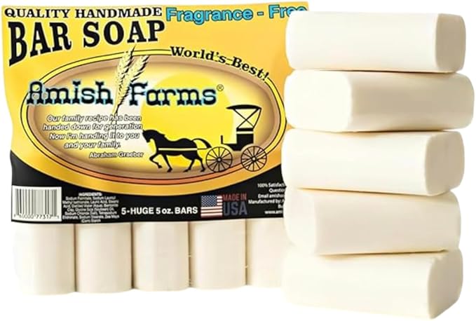 Amish Farms Fragrance-Free Bar Soap Bar w/All Natural Bentonite Clay | Vegan | Made in USA, Moisturizing for Sensitive Skin | Women & Mens Face & Body Bar Soap | 5 Ounce Each (5 Bars)