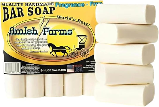 Amish Farms Fragrance-Free Bar Soap Bar w/All Natural Bentonite Clay | Vegan | Made in USA, Moisturizing for Sensitive Skin | Women & Mens Face & Body Bar Soap | 5 Ounce Each (5 Bars)