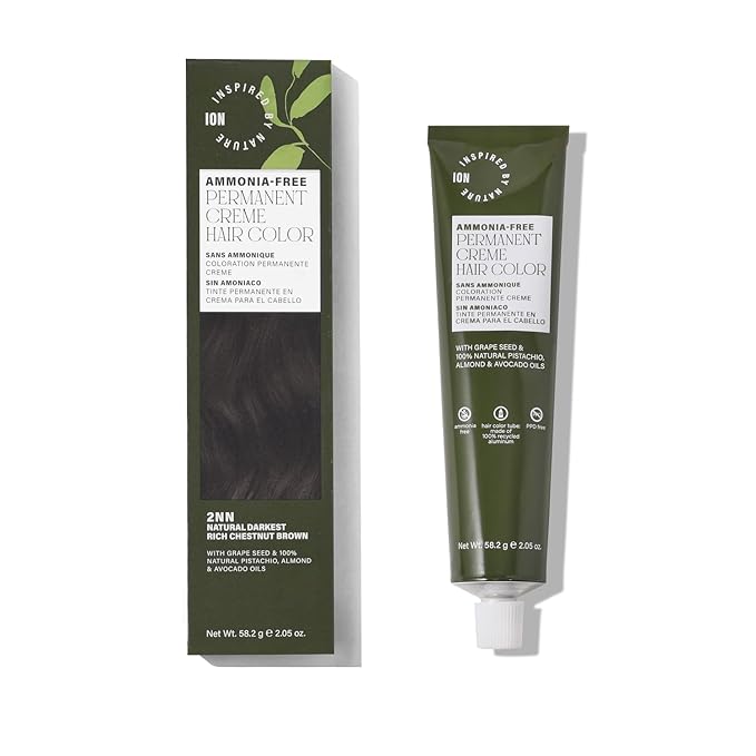 ion Inspired By Nature Permanent Hair Color Natural Darkest Rich Chestnut Brown 2NN, made from 100% naturallyderived polymers, cruelty free, vegan, PPD free, recyclable packaging, 2.05 oz
