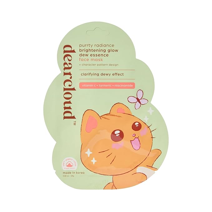 dearcloud Purrty Radiance Illuminating Glow Dew Essence Face Mask, Korean Sheet Mask - Vitamin C, Niacinamide & Turmeric (3 Count)