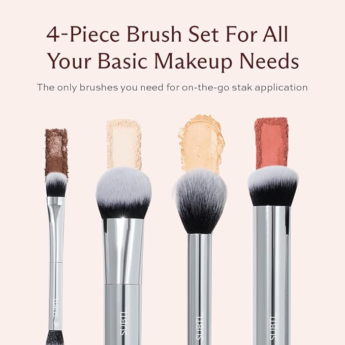 Subtl Mini 4-Piece Travel Makeup Brush Set – Compact & Portable Brushes for Foundation, Powder, Eyes & Blush – Synthetic, Cruelty-Free, Perfect for On-The-Go