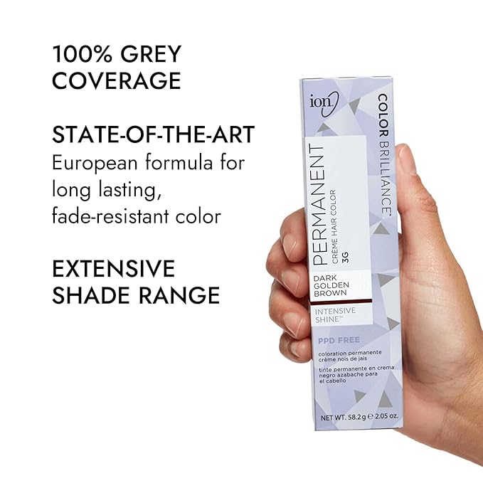 Ion Permanent Creme Hair Color 3G Dark Golden Brown, Vegan, Cruelty Free, PPD Free, 100% Gray Coverage, Long Lasting, Fade Resistant Color, 2.05 oz