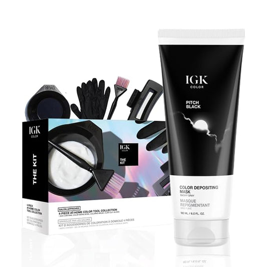 IGK Hair Gloss Toner & Depositing Mask + At-Home Color Tool Set | Pitch Black Smoky Gray | Semi-Permanent Shine + Tone | Salon-Quality Application