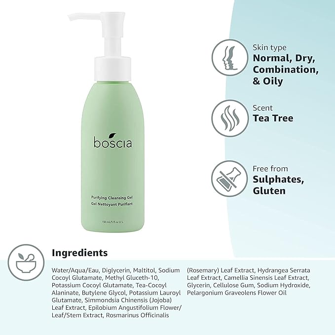boscia Purifying Cleansing Gel - Vegan, Cruelty-Free, Natural and Clean Skincare | Daily Natural Purifying Deep Cleansing Gel Face Cleanser, 5 fl oz