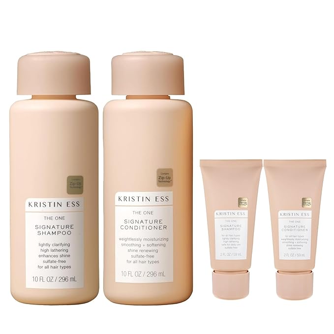 Kristin Ess Hair Signature Sulfate Free Full + Travel Size Shampoo and Conditioner Set for Moisture, Frizz + Shine - Color Safe, Vegan, Paraben Free - Clarifying, Hydrating Damage Repair for Women