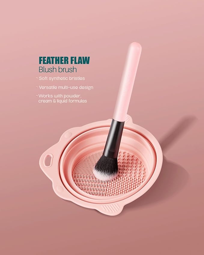 FeatherFlaw Blush Brush 020, Tapered Cheek Brush, Synthetic Vegan Bristles, Pink Wood Handle, For Blush and Highlighter Application, Pressed and Loose Powders | RUBY VIBE CO