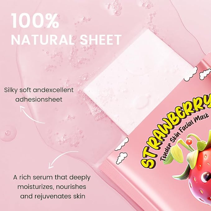 Kaely 12 Pack Strawberry Face Masks for Kids, Kids Face Mask Spa Day Kit Supplies, Spa Party Favors for Teens Girls Women, Sheet Facial Mask Skincare Gifts Set, Moisturize for All Skin Types, 06