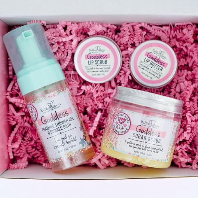 Bella & Bear Goddess MIdi Bath & Body Gift Set with Foaming Shower Gel & Bubble Bath, Body Scrub & Lip Scrub and Lip Butter - Gift - Women