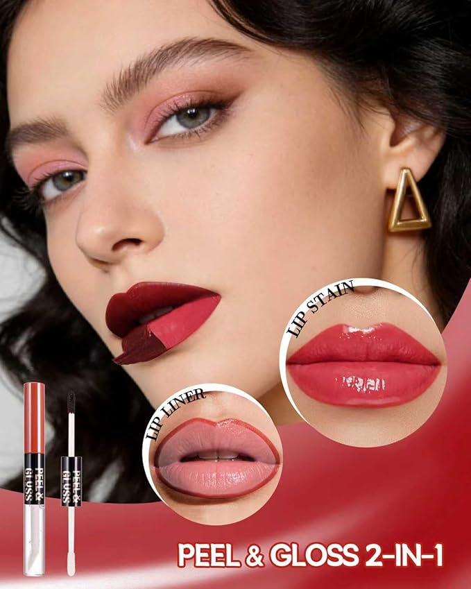 2 In 1 Peel Off Lip Stain Oil Set, Dual Ended Waterproof Long Wear Tattoo Lipliner with Clear Lip Gloss, Transfer-Proof and Non Sticky Peel Off Lips Tint Stain, Matte & Mirror Finish Lipstick-05
