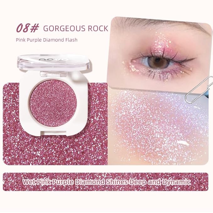 Ultra-Fine Pressed Pigment Single Eyeshadow – Lightweight, Highly Blendable Shimmering lavender-pink glitter Eye Shadow, 12 Rich Matte/Shimmer Shades for Makeup, Vegan & Cruelty-Free (#08 Glam Rock)