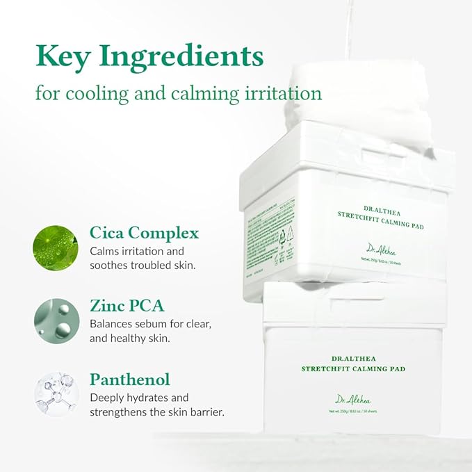 Dr.Althea StretchFit Calming Pad | Soothing Relief Face Mask with Centella Asiatica Extract | Hydration Sheet Mask with Panthenol | Korean Vegan Skincare (Pack of 50)