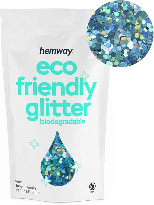 Hemway Biodegradable Glitter Eco Friendly - 100g/3.5oz Bio Cosmetic Safe Sparkle Vegan for Face Eyeshadow Body Hair Festival Makeup Craft - Super Chunky (1/8" 0.125" 3mm) - Ocean Blue Holographic