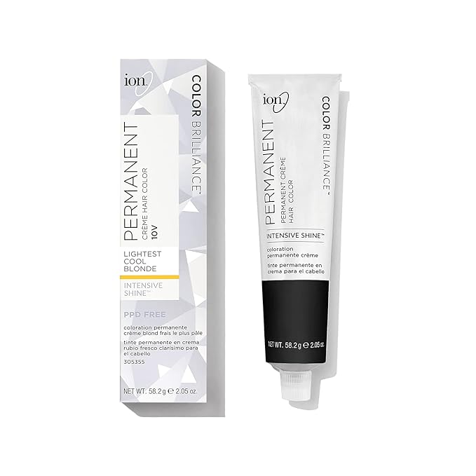 Ion Permanent Creme Hair Color 10V Lightest Cool Blonde, Vegan, Cruelty Free, PPD Free, 100% Gray Coverage, Long Lasting, Fade Resistant Color, 2.05 oz