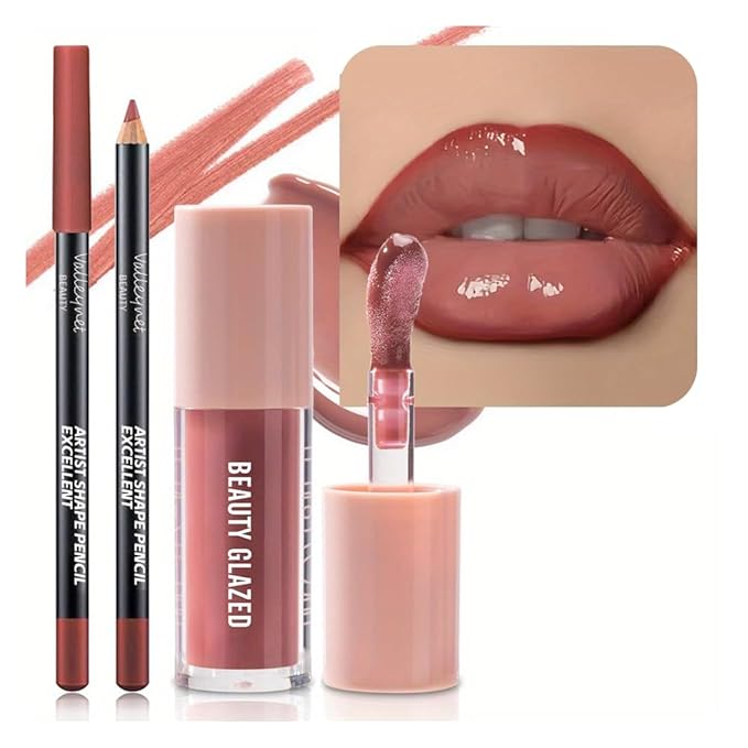 2Pcs/Set Lip Gloss & Lip Liner Set Peach Nude – Lip Plumping Effect Lip Combo Set for Juicy Plump Lips, Gradient Lips & Over Lip Makeup, High Shine Glass Lips Look Viral Lip Combo for Volume Lips