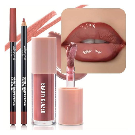 2Pcs/Set Lip Gloss & Lip Liner Set Peach Nude – Lip Plumping Effect Lip Combo Set for Juicy Plump Lips, Gradient Lips & Over Lip Makeup, High Shine Glass Lips Look Viral Lip Combo for Volume Lips