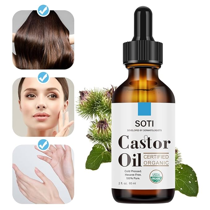 Soti Organic Castor Oil, USDA Certified 100% Pure, Cold Pressed, Hexane Free (2oz), Eyelash Serum for Brows, Eyelashes Growth, Hair, Skin Moisturizer, Vegan, Undiluted, Glass Bottle (2oz)