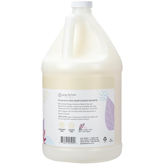 Ginger Lily Farms Botanicals Moisturizing Shampoo for All Hair Types, 100% Vegan & Cruelty-Free, Fragrance Free, 1 Gallon Refill (Pack of 4)