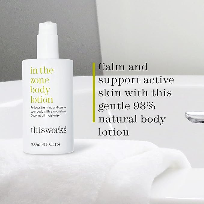 This Works In The Zone Body Lotion & Shower Gel Set: Hydrating Moisturizer & Refreshing Body Wash with Essential Oils, Eucalyptus & Frankincense, Vegan, 10.1 oz Each