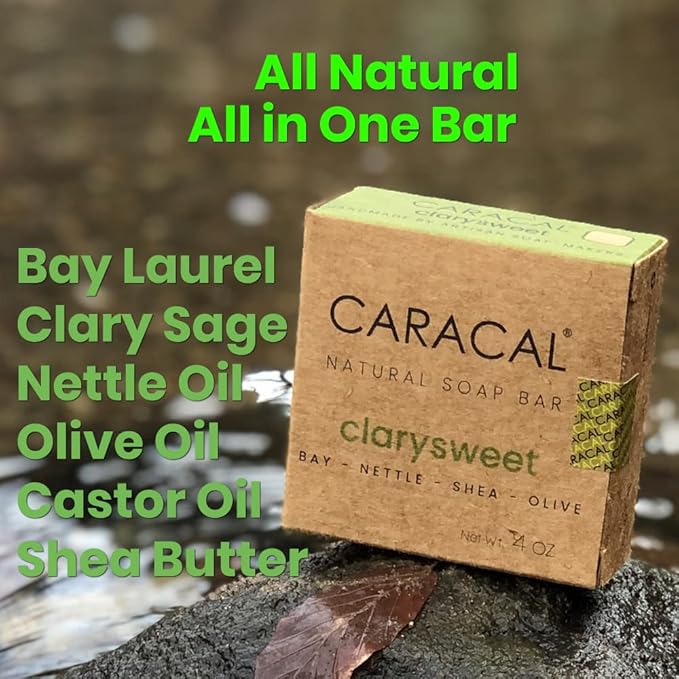 CARACAL Clarysweet Vegan Herbal Natural Soap Bar for Men Women, Strong Woodsy Bay Laurel, Clary Sage, Nettle, Olive, Castor Oils & Shea Butter