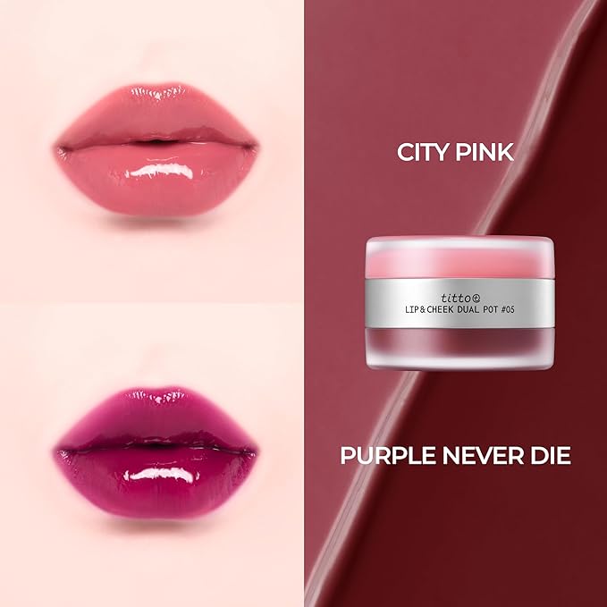 titto Lip & Cheek Dual Pot Blendable & Buildable | Multi-Use Tinted Balm & Blush for Cheeks, Rich Buttery Texture, Long-Lasting, Natural Dewy Finish, Vegan, K Beauty (#05 City Pink/Purple Never Die)