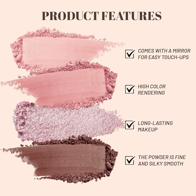 Pink Purple Brown 4Colors Eyeshadow Makeup Palette with Brush Mirror,Natural Neutral Powde Eye Shadow Palettes for Older Women,Long Lasting Naturing-Looking,Lightweight Eye Makeup Kit Travel Size