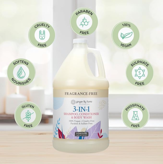Ginger Lily Farms Botanicals 3-in-1 Shampoo, Conditioner & Body Wash, 100% Vegan & Cruelty-Free, Fragrance Free, 1 Gallon (Pack of 4)