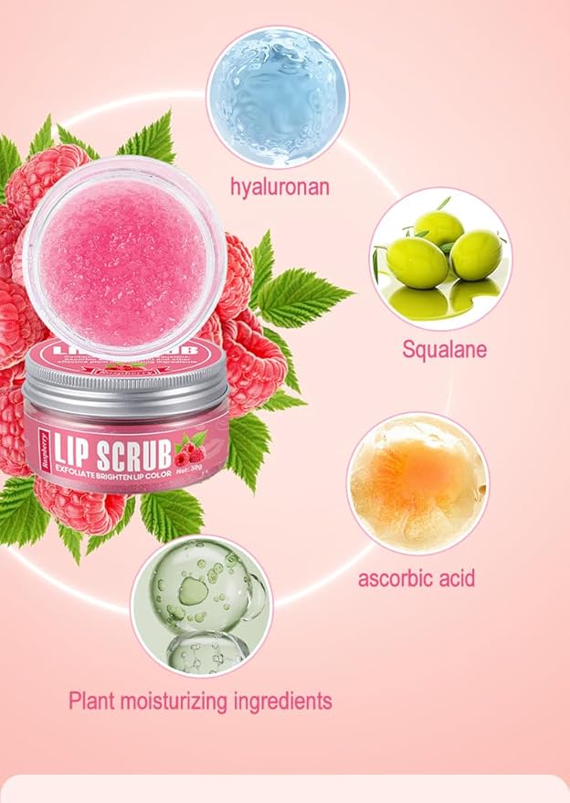4-Color Fruit-Flavored Lip Scrub for Dry, Cracked & Dark Lips – Exfoliating & Moisturizing Lip Care with Organic Ingredients, Lip Brush – Vegan, Cruelty-Free (20g) (Raspberry flavor, 1PC)