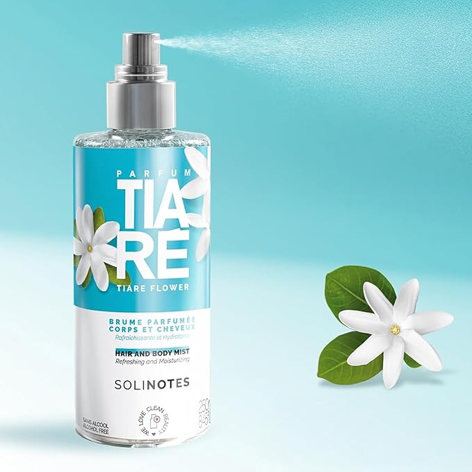 Solinotes Tiaré Body Mist – Alcohol-Free, Long-Lasting Fruity Floral Scent with Coconut, Peach, Vanilla & Musk– Clean, Refreshing Hair & Body Perfume Spray for Women (8.45 Fl Oz)