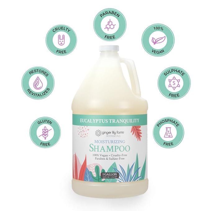 Ginger Lily Farms Botanicals Moisturizing Shampoo for All Hair Types, Eucalyptus Tranquility, 100% Vegan & Cruelty-Free, 1 Gallon (Pack of 4)