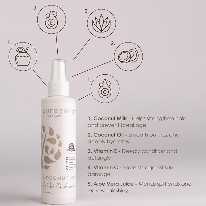 Purezero 9-in-1 Coconut Milk - Leave-In Conditioning Spray - Intense Hydration & Increase Shine, Fight Dandruff & Frizz, Zero Sulfates, Parabens, Dyes (6 oz (2 Pack))