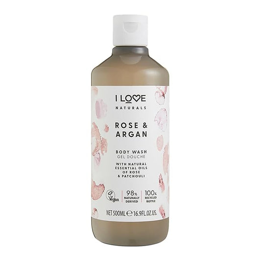 I LOVE Naturals Rose and Argan Body Wash - Moisturizing Body Wash - Infused with Essential Oils - Plant-Based Body Cleanser - 16.9 oz