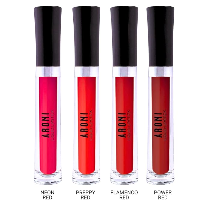 Aromi Matte Liquid Lipstick Bundle | Long-Lasting Lip Colors for Women, Magenta, Bright, True, Dark Red (Red Liquid Lipstick Bundle) | Matte Finish, Four Red Shades, Vegan, Cruelty-free, Long-Lasting