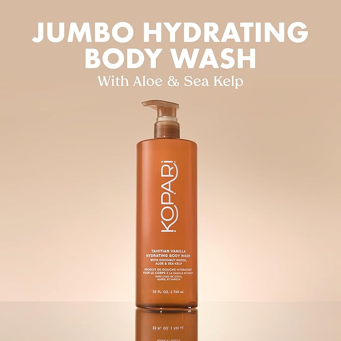 Kopari Jumbo Tahitian Vanilla Hydrating Body Wash | 25 oz Gel-Based Body Cleanser with Coconut Water, Aloe & Sea Kelp | Rich Lather, Signature Coconut Milk Scent