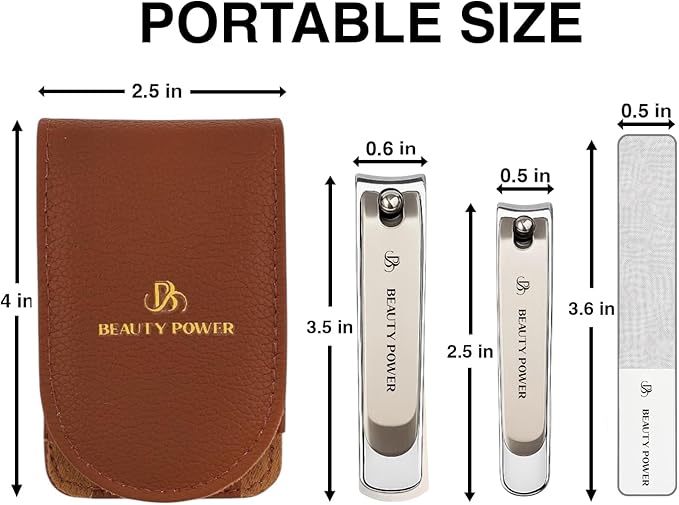 Nail Clippers Set 3 in 1 - Stainless Steel Toe Nail Clippers, Fingernail Clipper, Glass Nail File, Anti Splash, Ergonomic Grip in Brown PU Leather Travel Case for Men & Women - Gift Idea