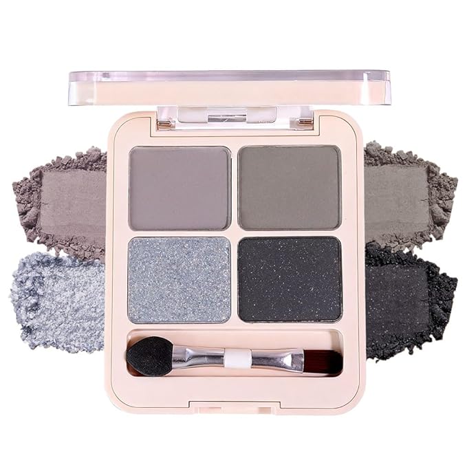 Silver Black Gray Brown 4Colors Eyeshadow Makeup Palette with Brush Mirror,Natural Neutral Powde Eye Shadow Palettes for Older Women,Long Lasting Naturing-Looking,Lightweight Eye Makeup Travel Size