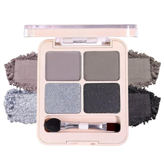 Silver Black Gray Brown 4Colors Eyeshadow Makeup Palette with Brush Mirror,Natural Neutral Powde Eye Shadow Palettes for Older Women,Long Lasting Naturing-Looking,Lightweight Eye Makeup Travel Size