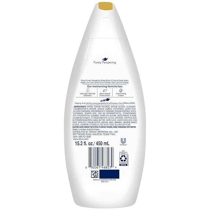 Dove Body Wash 2-Pack – Purely Pampering, Shea Butter & Warm Vanilla for Softer, Smoother Skin, 15.2 Oz Ea