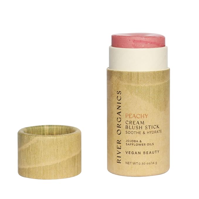 Vegan Blush Stick - Hydrating, Multi-Use Cream Blush for Cheeks, Natural, Organic ingredients, Plastic-free packaging | River Organics 0.50 oz. (Peachy)