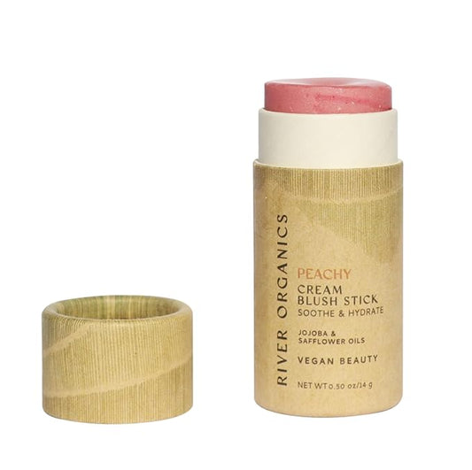 Vegan Blush Stick - Hydrating, Multi-Use Cream Blush for Cheeks, Natural, Organic ingredients, Plastic-free packaging | River Organics 0.50 oz. (Peachy)