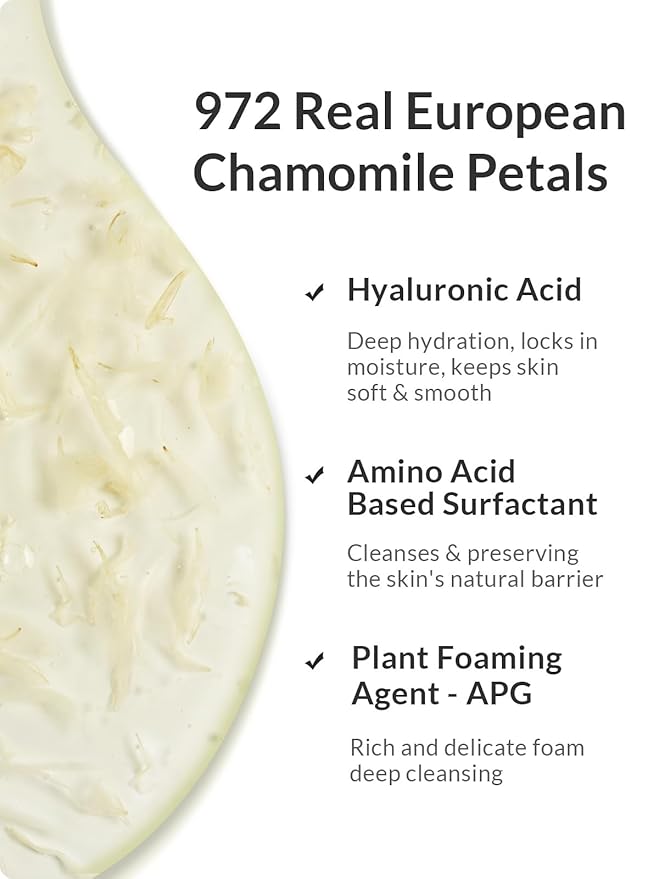 Kustie Chamomile Petal Body Wash with 972 Real Petals Floating in Clear Gel – Calendula & Amino Acids – Vegan, Sulfate-Free, Soothes & Moisturizes Sensitive Skin – 24H Floral Scent, 24.3 fl oz