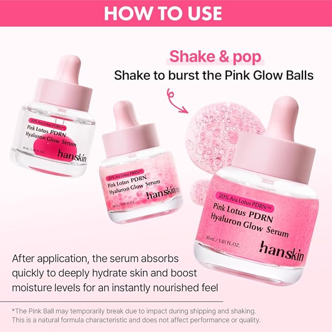 Hanskin PDRN Pink Peptide Hyaluron Glow Serum - 200,000ppm Pink Lotus Vegan PDRN | Intensive Hydrating Glow Ball Essence for Glass Skin, Plumping & Firming | Korean Skincare 1.01 fl. oz.