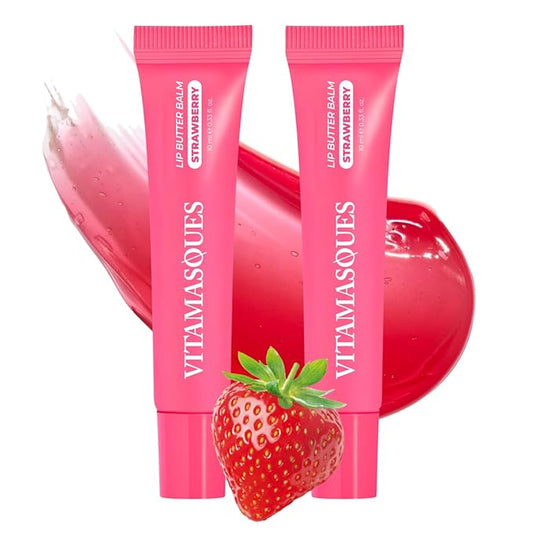 Vitamasques Lip Butter Balm Strawberry Pack of 2, Korean Lip Balm - Peptide Lip Treatment - Lip Balm Hydrating - Light Tinted Lip balm - Made in Korea - 0.33 fl.oz