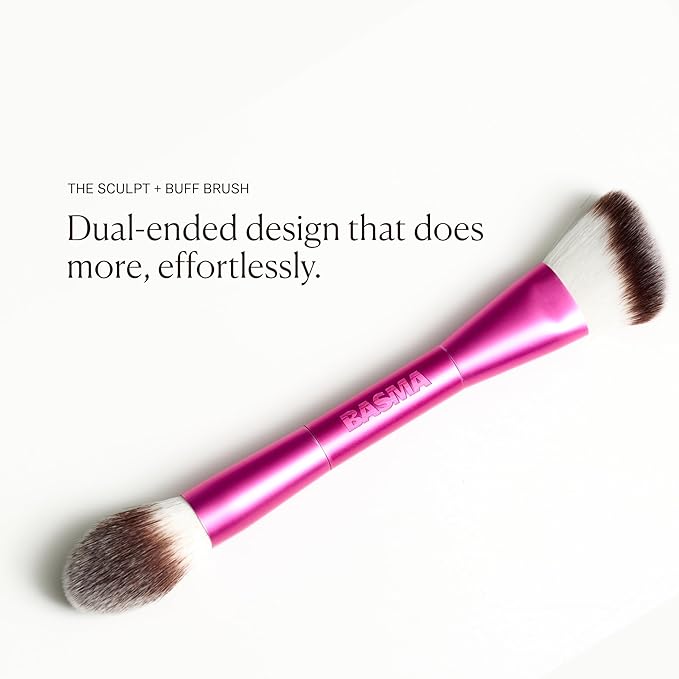BASMA Beauty Sculpt & Buff Dual-Ended Makeup Brush for Foundation, Bronzer, Blush & Contour, Cream and Powder Blending Brush with Soft Dense Bristles for Smooth Airbrush Finish